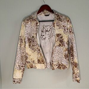 Vintage Luxe Animal Print Beaded Big Cat Embellished Zip Jacket Size M